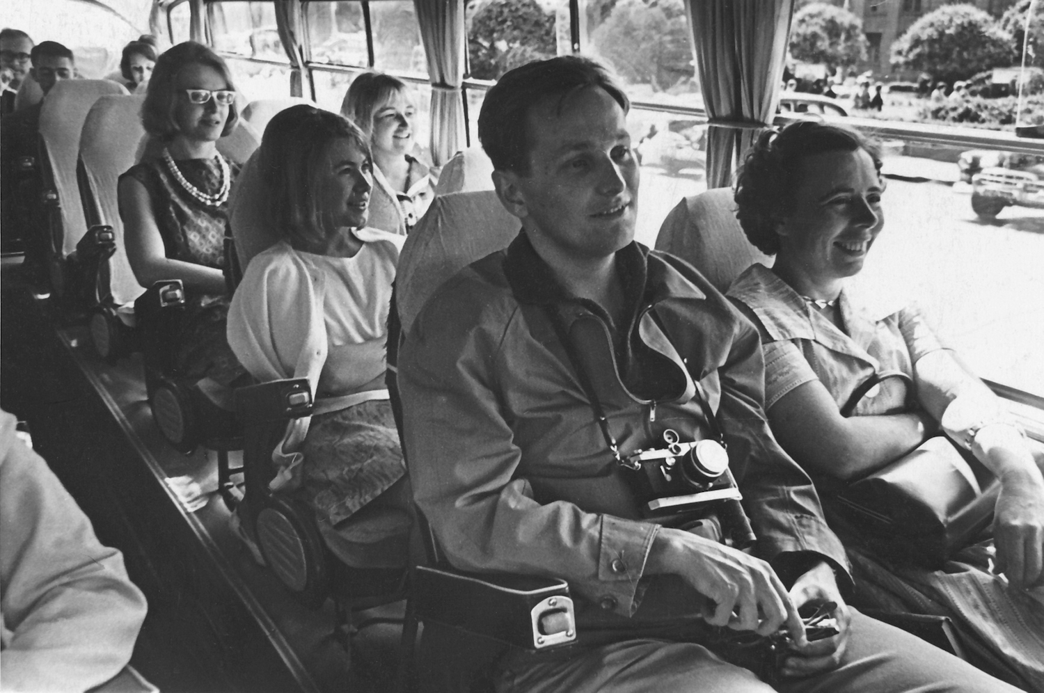 Finnish tourists in a tour bus in Leningrad