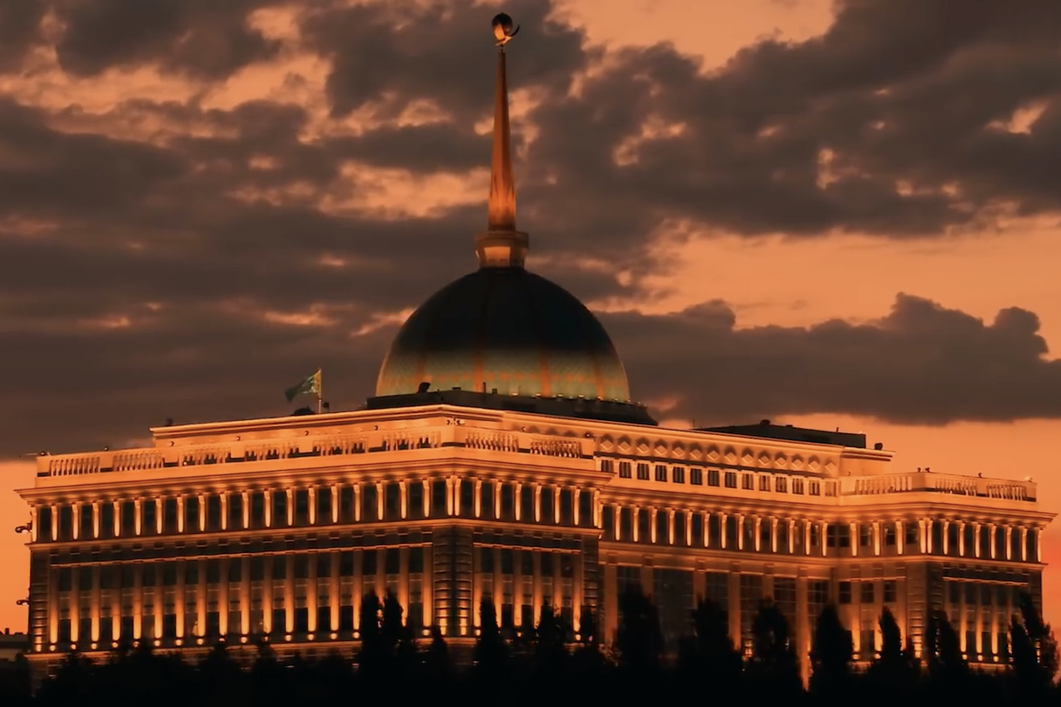 Kazakhstan's presidential palace at sunset, from Qazaq: History of the Golden Man (2021)
