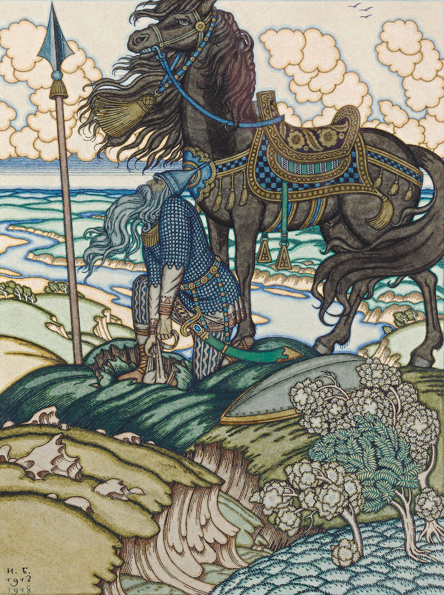 Ivan Bilibin, Svyatogor and a Saddle Bag, 1913. Watercolour and ink on paper. Collection of Aram Abramyan. Currently in private collection.