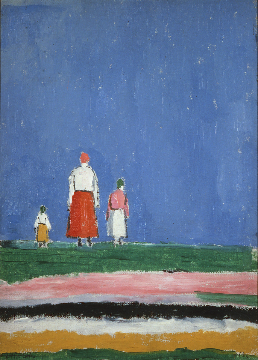 Kazimir Malevich, Three Figures in the Field, 1928–1930. Oil on canvas. Collection of Valery Dudakov. Currently in the collection of Valery Dudakov and Marina Kashuro.