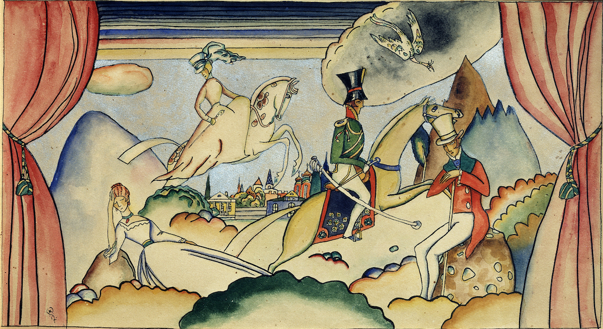 Wassily Kandinsky, Scene with an Officer, 1917. Watercolour and ink, heightened with aluminium powder. Collection of Valery Dudakov. Currently in the collection of Valery Dudakov and Marina Kashuro.