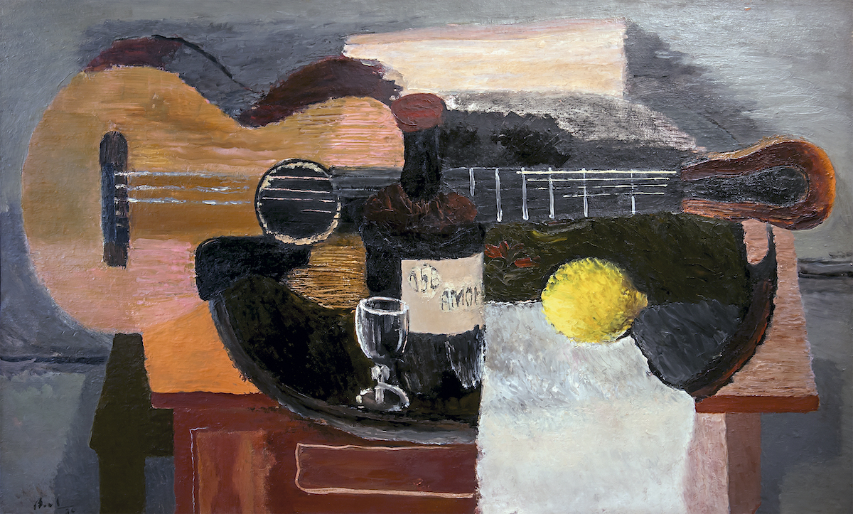 Vladimir Lebedev. Still life with a Guitar. 1930. Oil on canvas. Collection of Iosif  Ezrakh. Currently in the collection of KGallery, Saint Petersburg