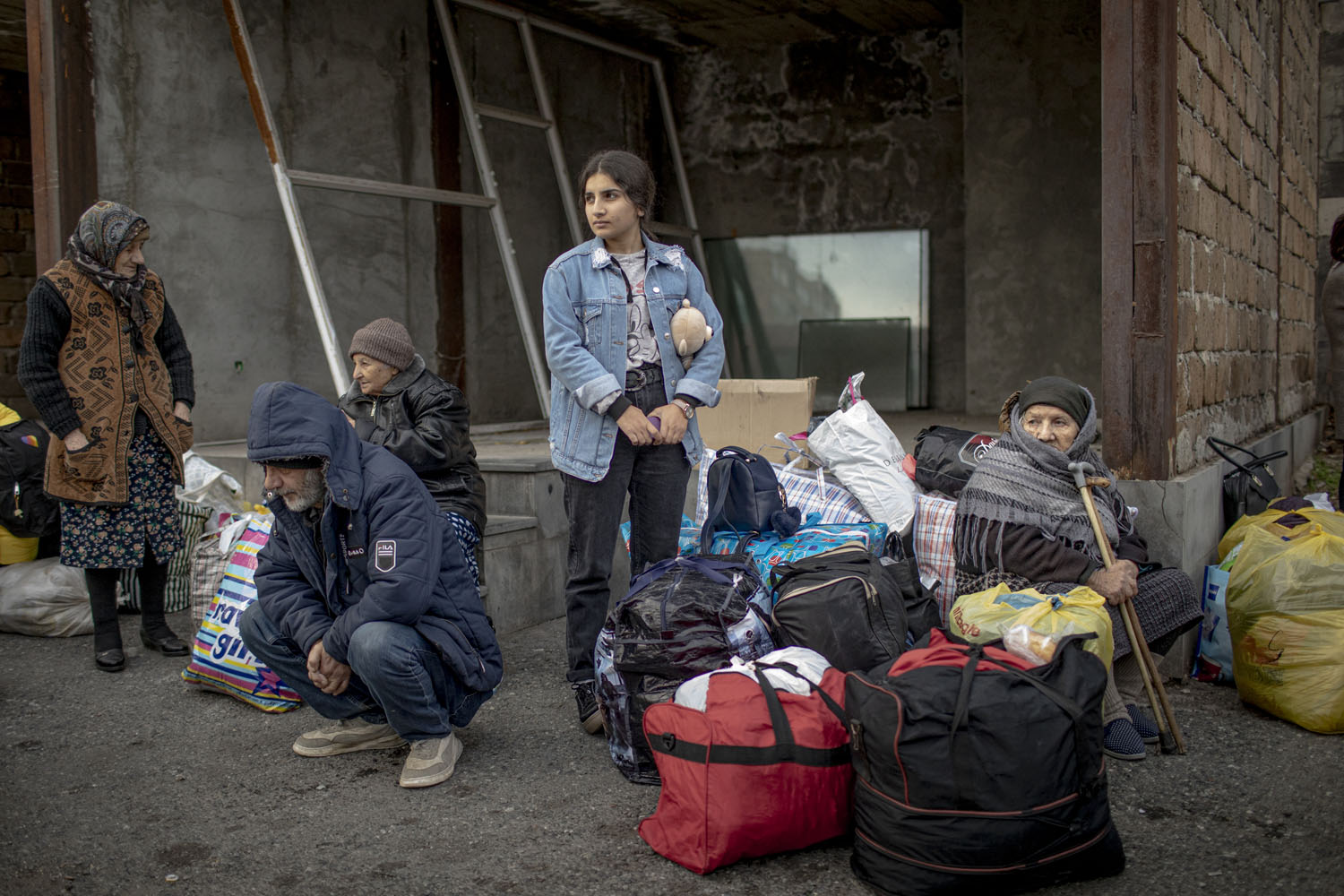 People waiting to return to Stepanakert and other locations in Nagorno-Karabakh.