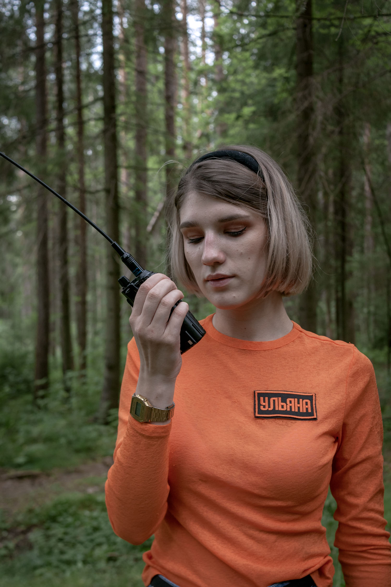Ulyana with a walkie-talkie in Dibuny village, Leningrad region.