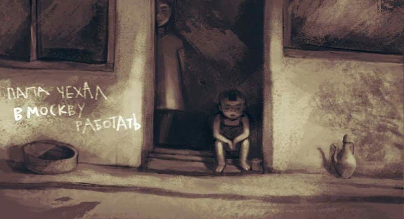 A child sitting on the doorstep. The text reads: "Dad has gone away to work in Moscow"