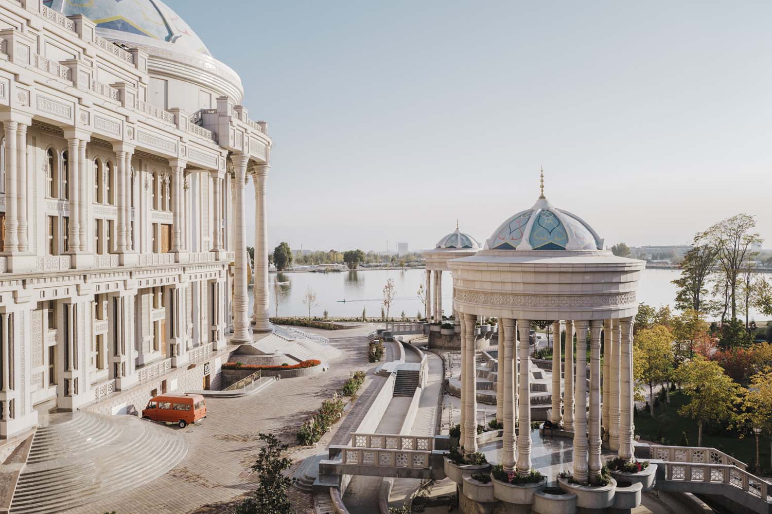 The cityscape ranges from Soviet-era tower blocks to ostentatious new builds 