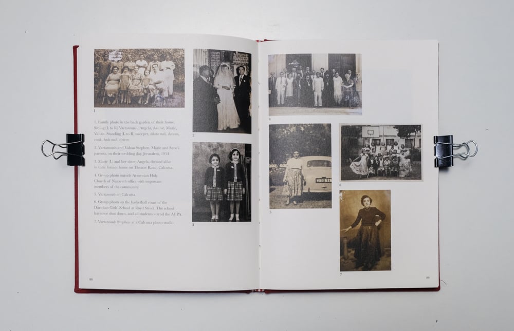 Images from the Stephen’s family albums, including a group photo outside of Armenian Holy Church of Nazareth with various members of the community, and a photo on the basketball court of the Davidian Girls’ School at Royd Street