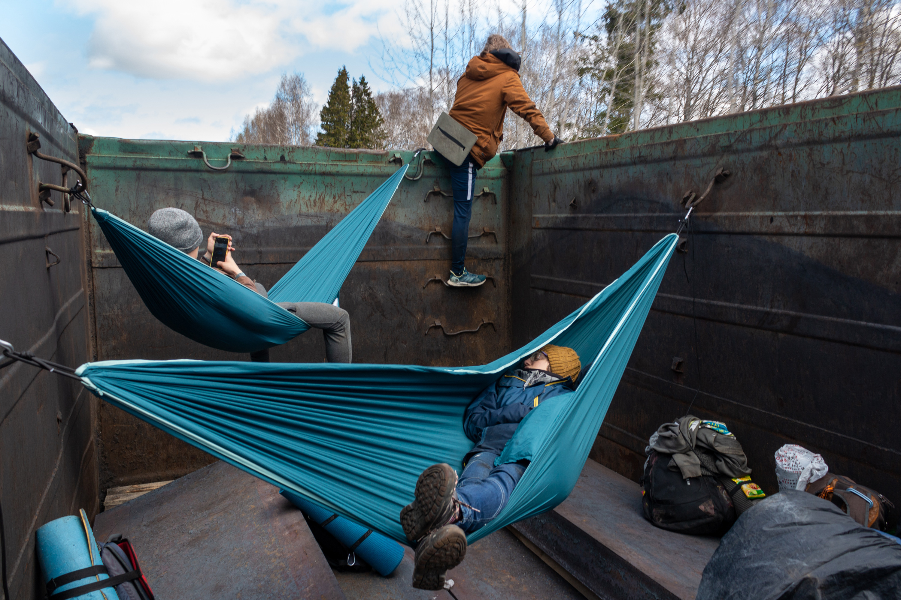 Valya, Vlad and Artem. The loops inside the wagon are often used to hang hammocks.