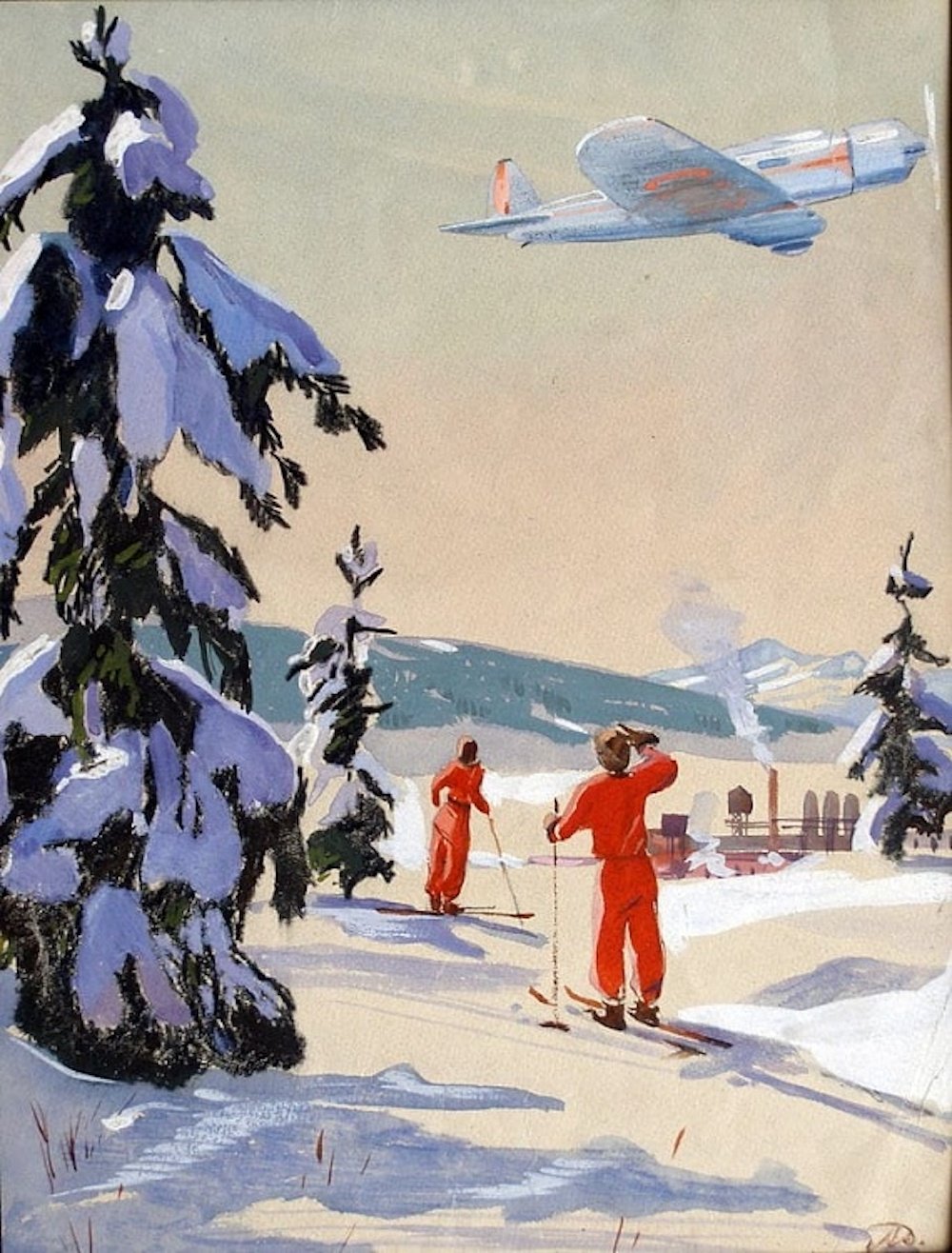 Alexander Deineka. On a Ski Walk, (1933). Illustration for the book Air Fleet. Image courtesy of the Kursk Deineka Picture Gallery
