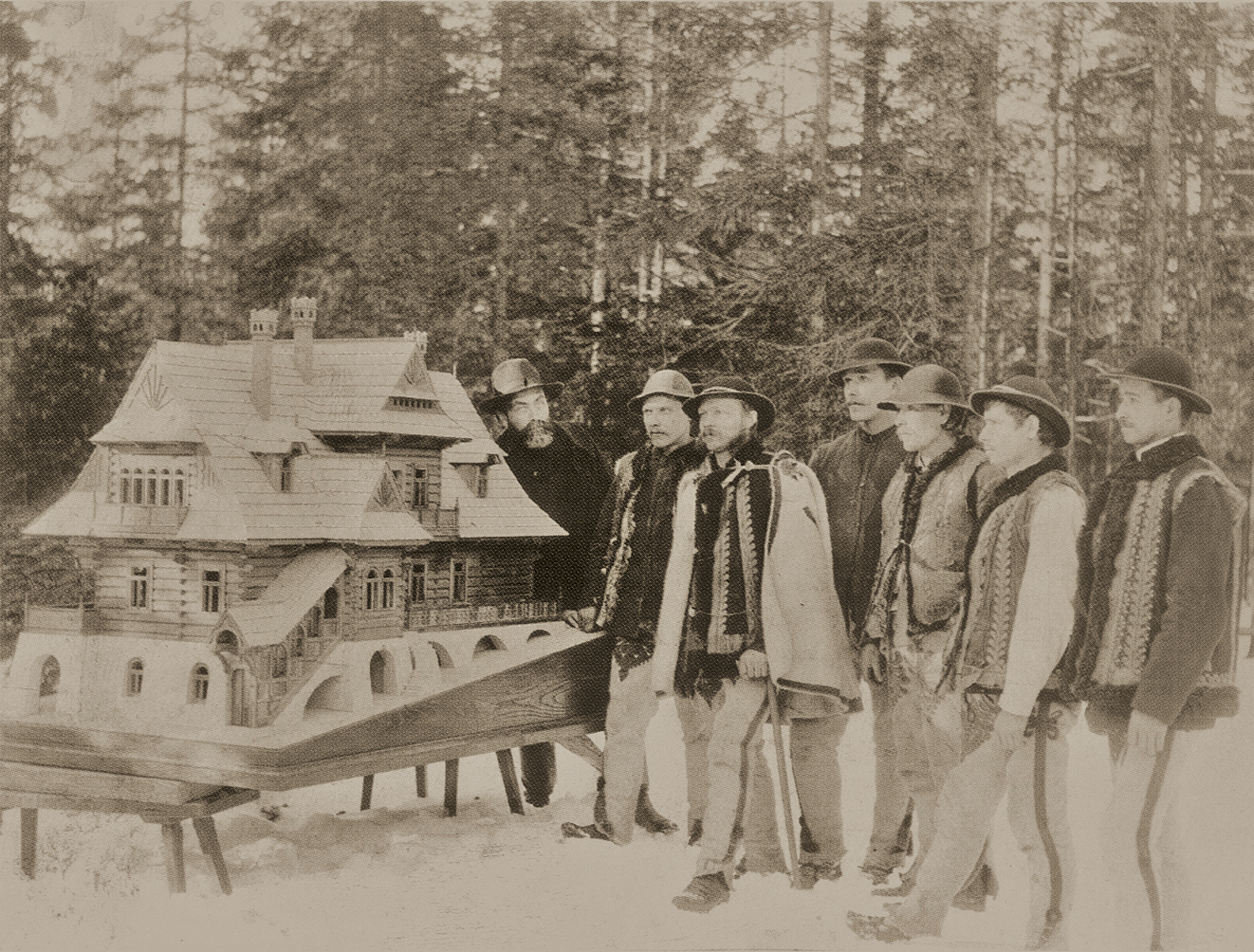 Photograph of Stanisław Witkiewicz (far left) and the makers of the House Under the Firs architectural model (1899). Image courtesy Tatra Museum