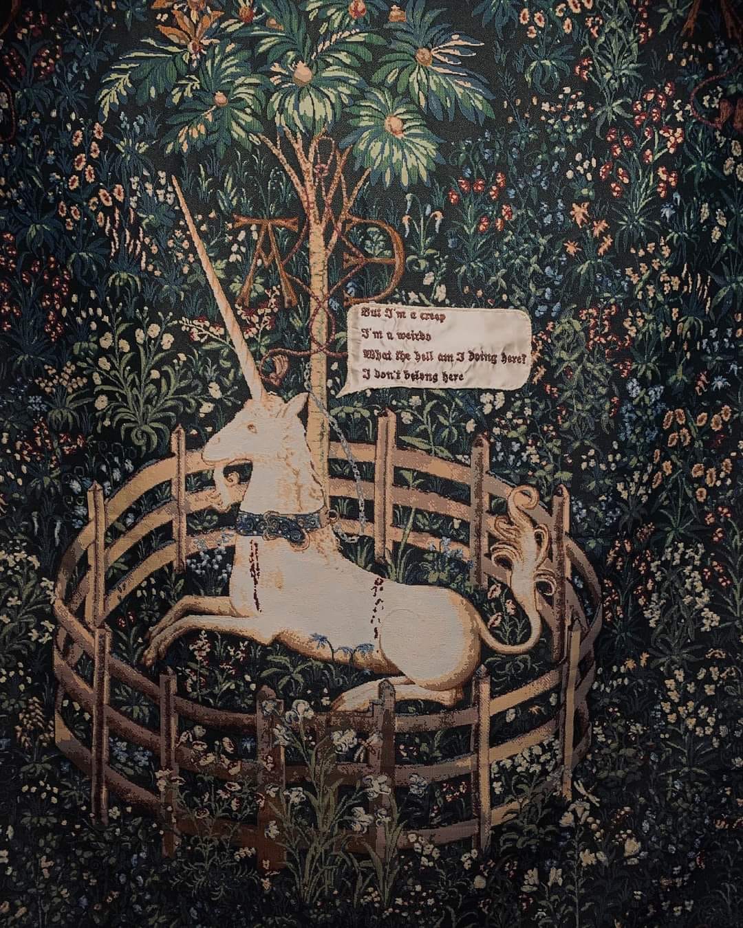 From the Hunt of the Unicorn project, 2019-2020. In this series, the artist appropriates and transforms the famous 15th century tapestries into a comic strip of sorts
