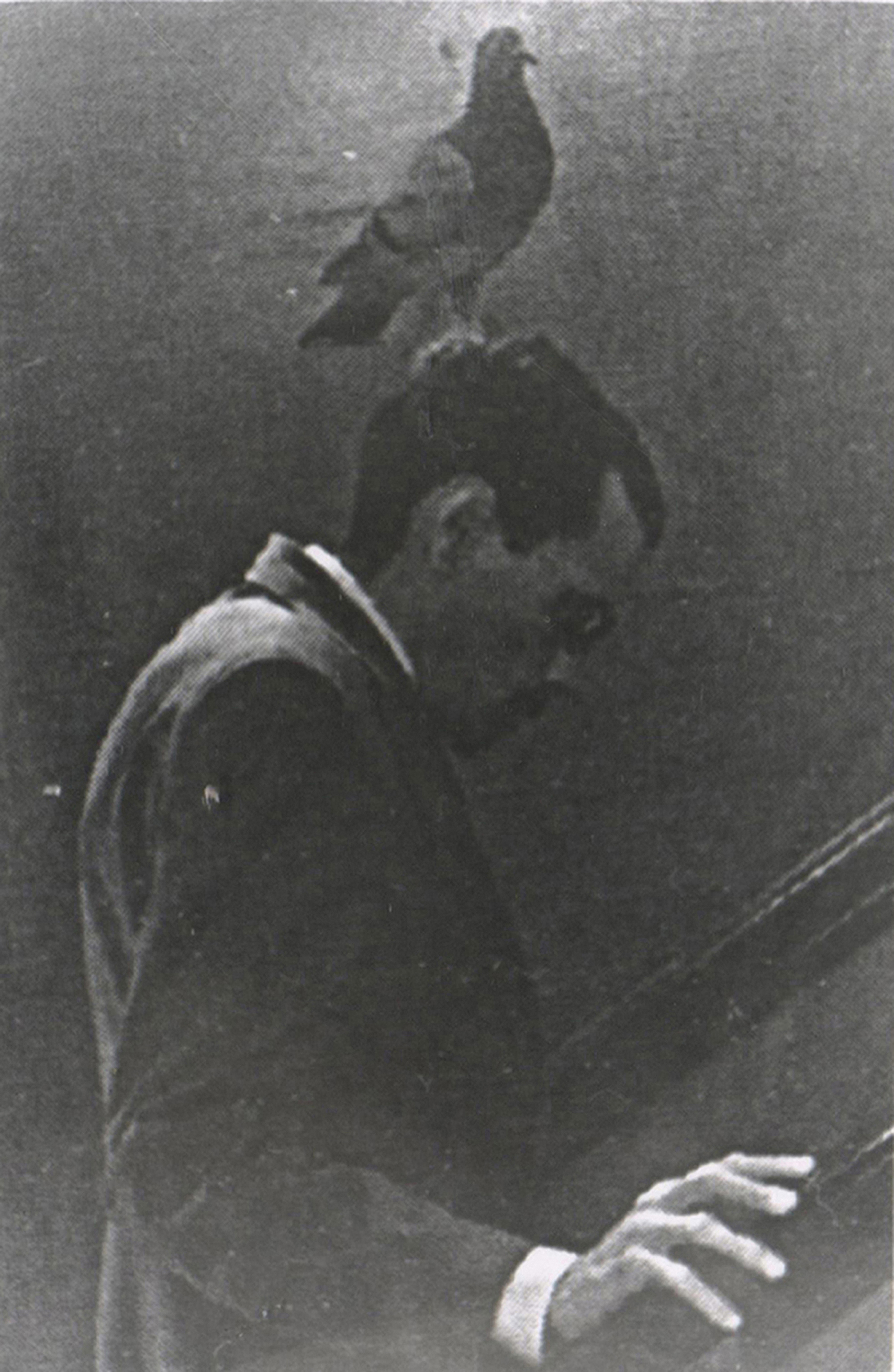 Spy with his spy-pigeon on a mission, 1949. The memoirs of Yan Khtovich, 2015-2017. Taking the form of a personal diary and memoir, the book included images, documents, collages, and contemporary photographs printed with vintage printing techniques