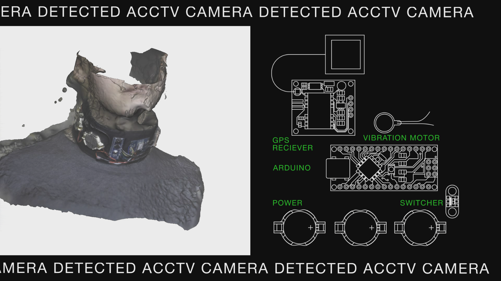 aCCTV, 2019. This work takes form of a wearable device that alerts the user of CCTVs around them, comparing the user’s location to the data on surveillance cameras from Moscow’s open website