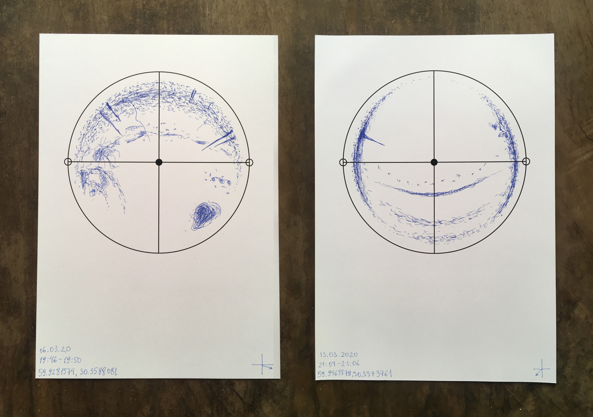 From Sound Maps project, 2020. Each map is a documentation of the soundscape in a specific point in space, with the coordinates indicated on the sheet