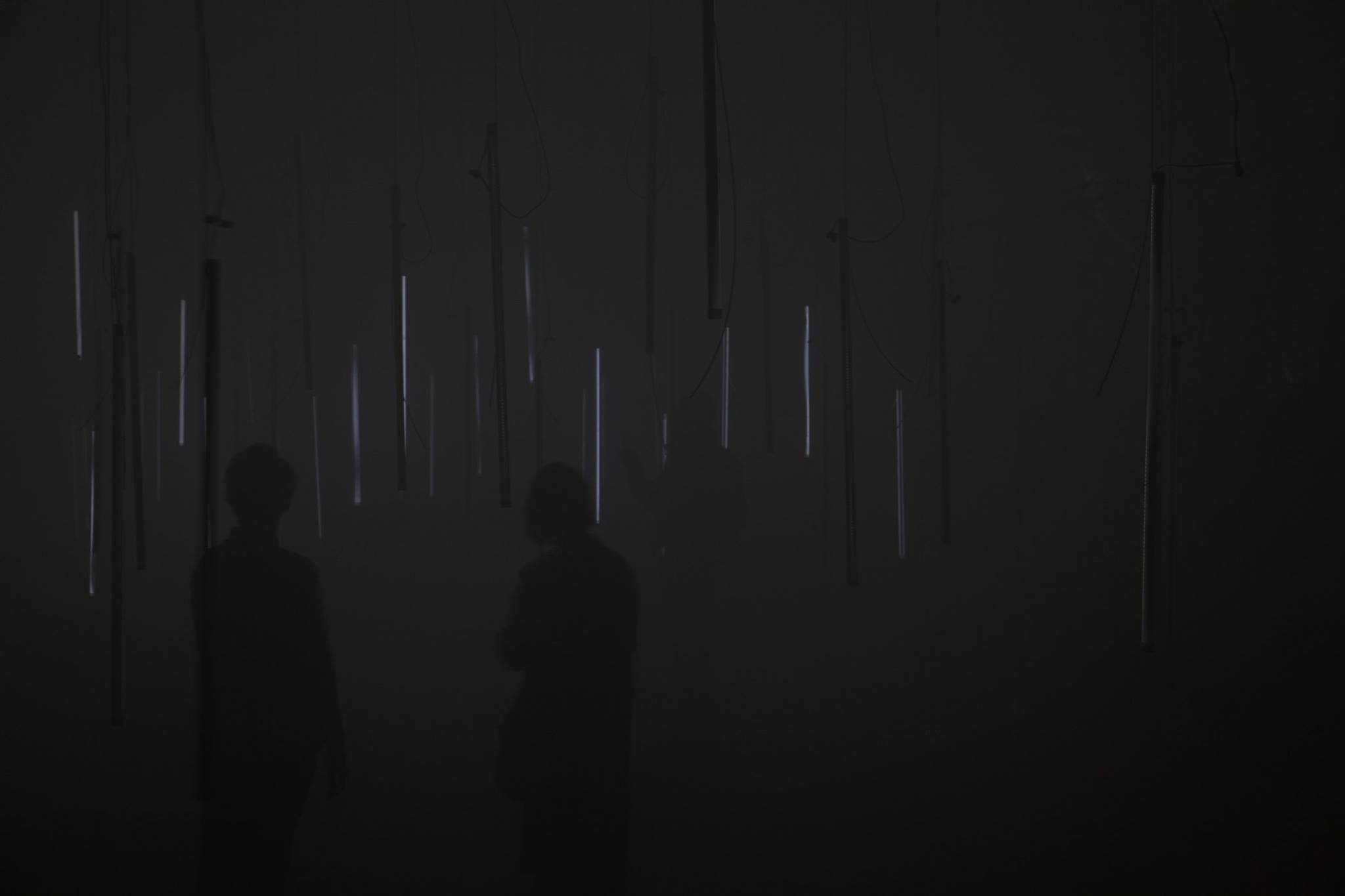 Storm Cloud, 2018. In a haze-filled space, 60 light objects flash according to the  algorithm that analyses a recording of the thunder