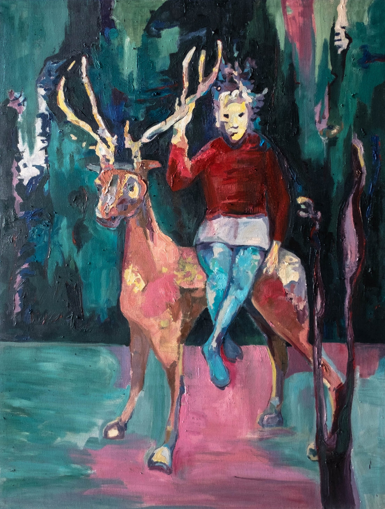 Guest I, 2019. From the Like a Merry-Go-Round in Childhood: Forest Deer series. Plutitskaya creates a post-apocalyptic landscape where the ruins of a Soviet building appear to be in a fairy-tale jungle space