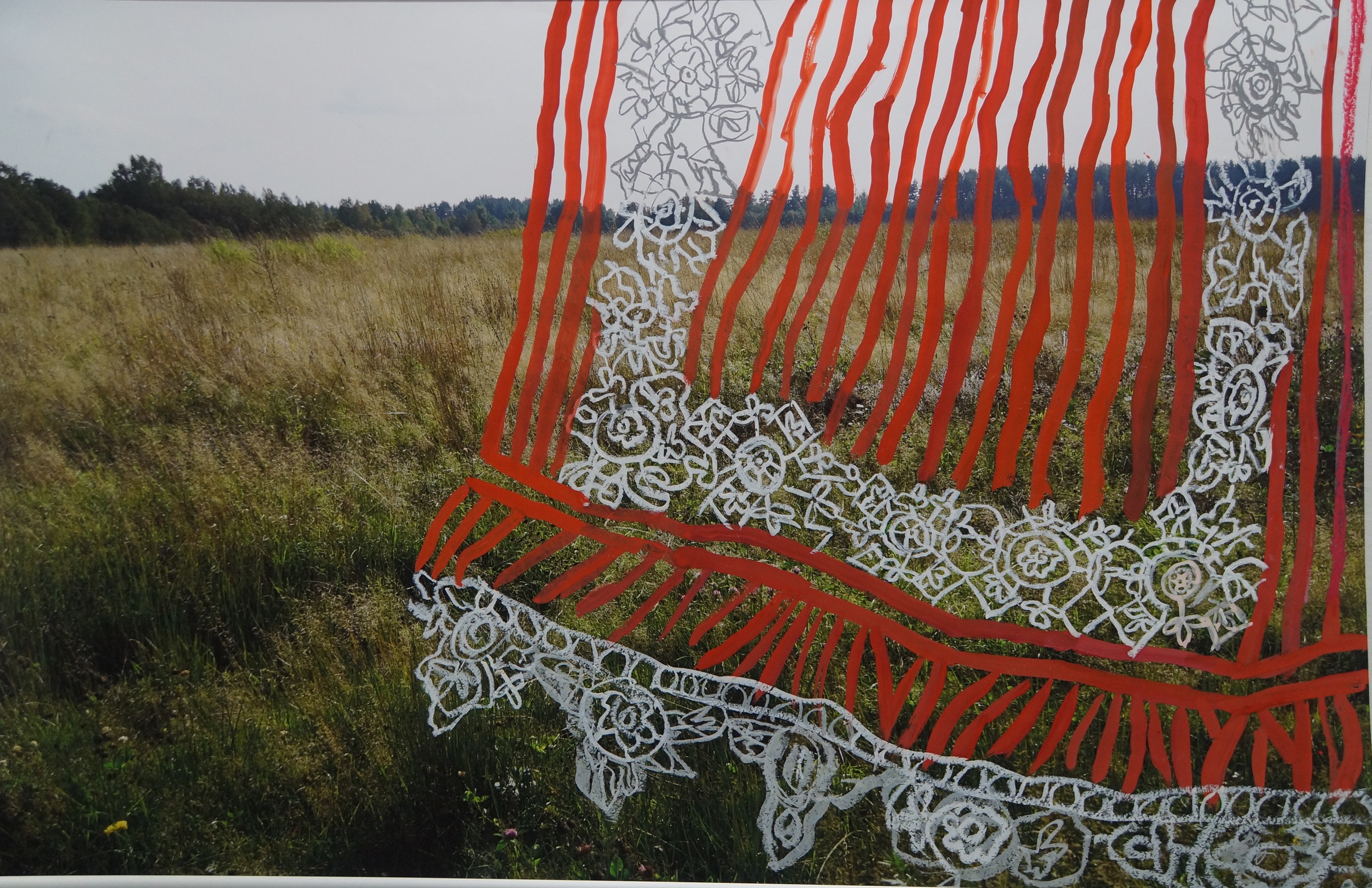 From the Home in Karelia project, 2015. Salli’s apron, made by her grandaunt, appears in the field that used to belong to her family