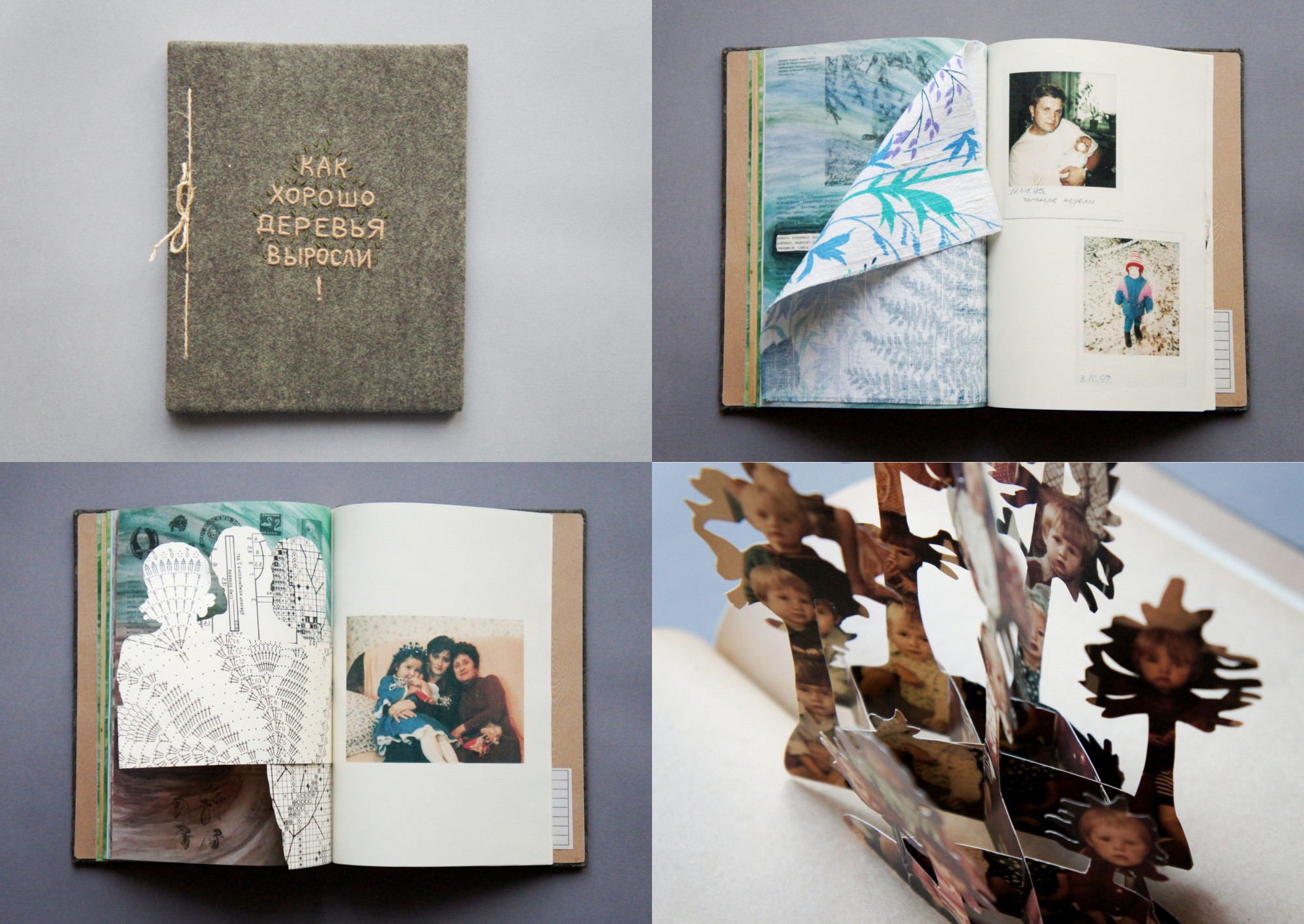How Nice the Trees Have Grown!, 2018. The artist finds parallels between the development of plants in nature and people in the family by juxtaposing family pictures with pages from Soviet popular botany books for kids