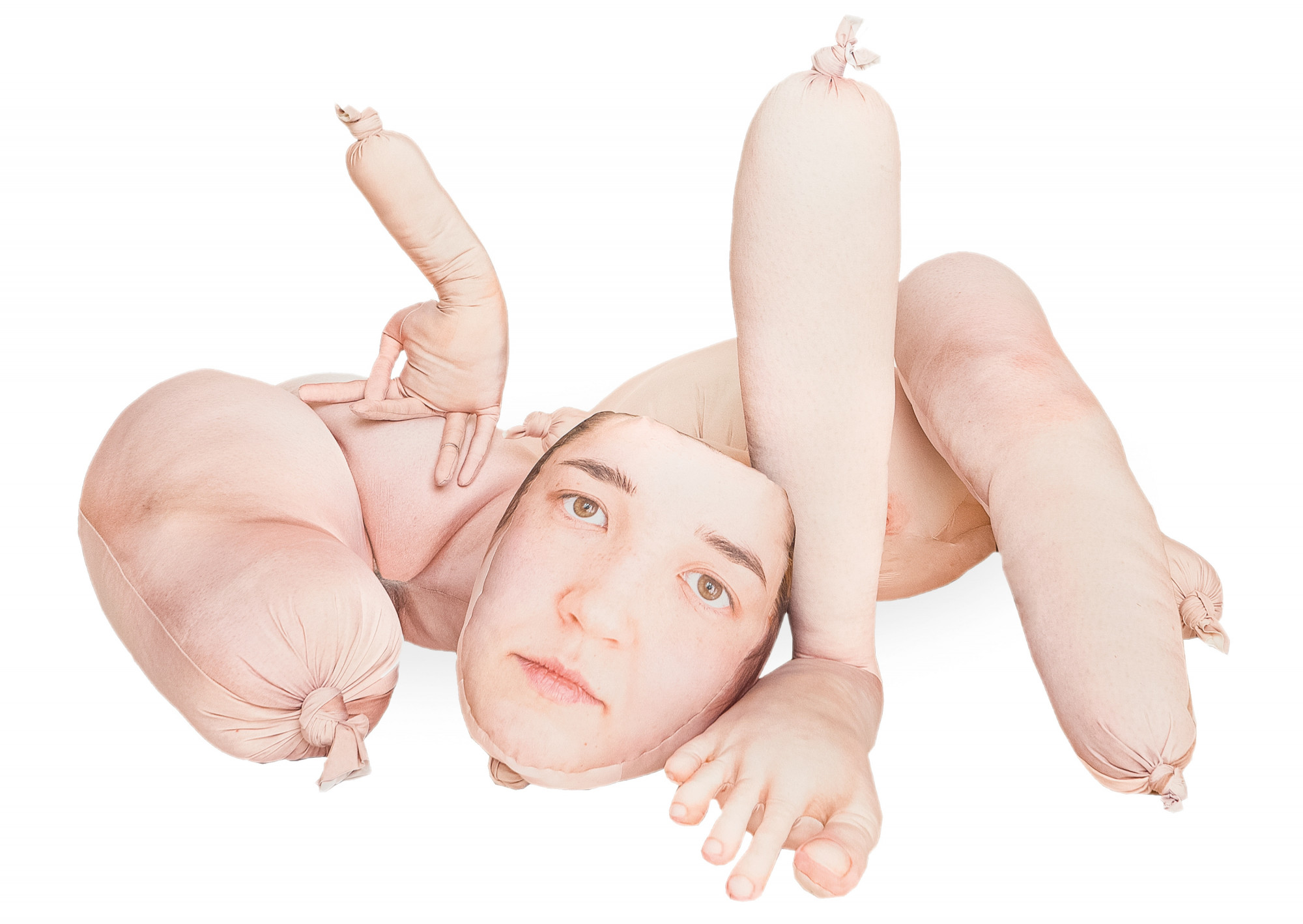 Three Katherines in the Shape of a Pear, 2021. Partial images of the body were printed on fabric and sewn back together, representing the unreliability of copies, including the photographic ones