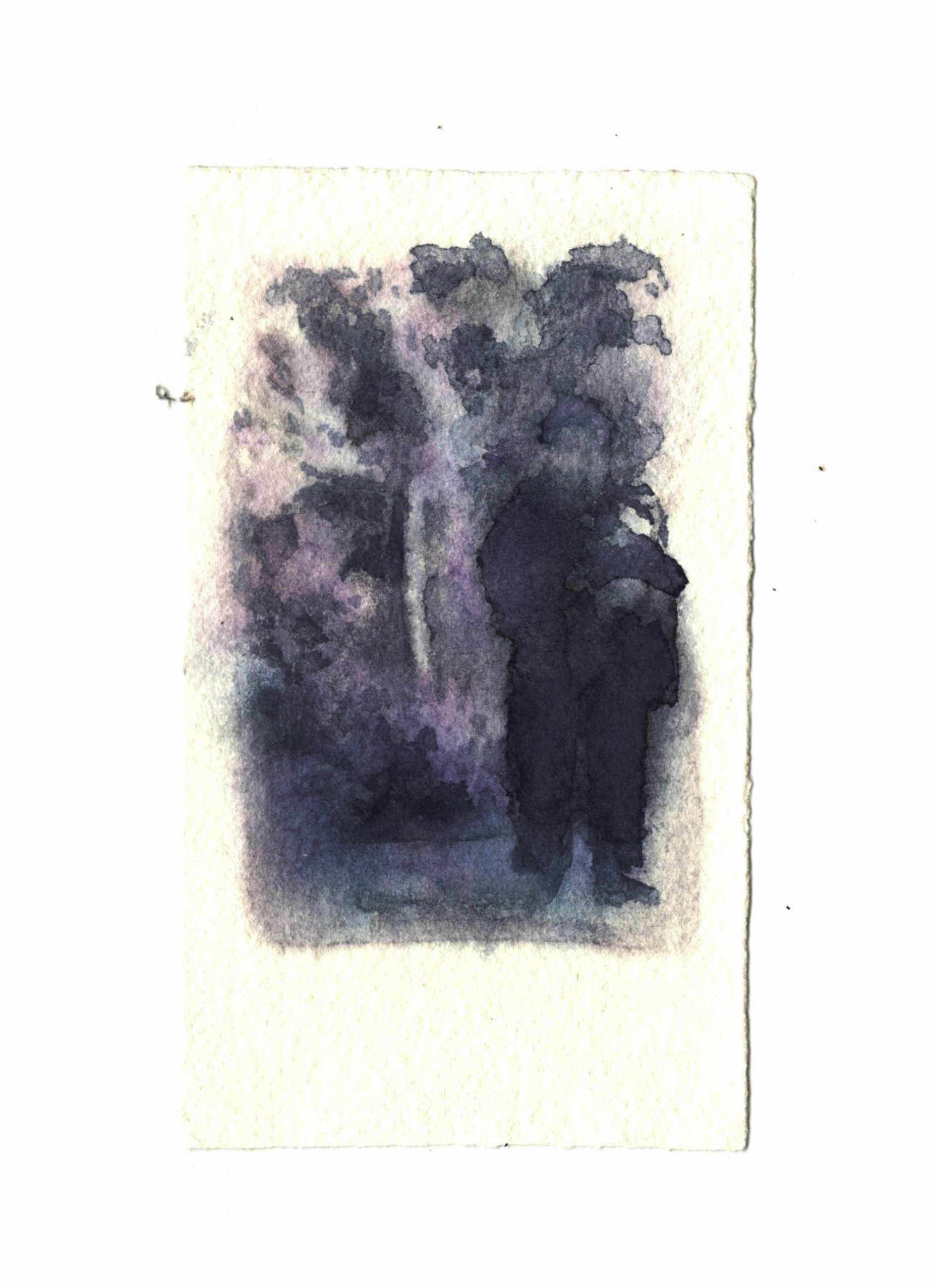 Grandpa and Olya. From the Family Roots series, 2020. Layering watercolours on wet paper distorts the image and renders it unrecognisable, just like our memory cannot offer a single clear portrait of a familiar person
