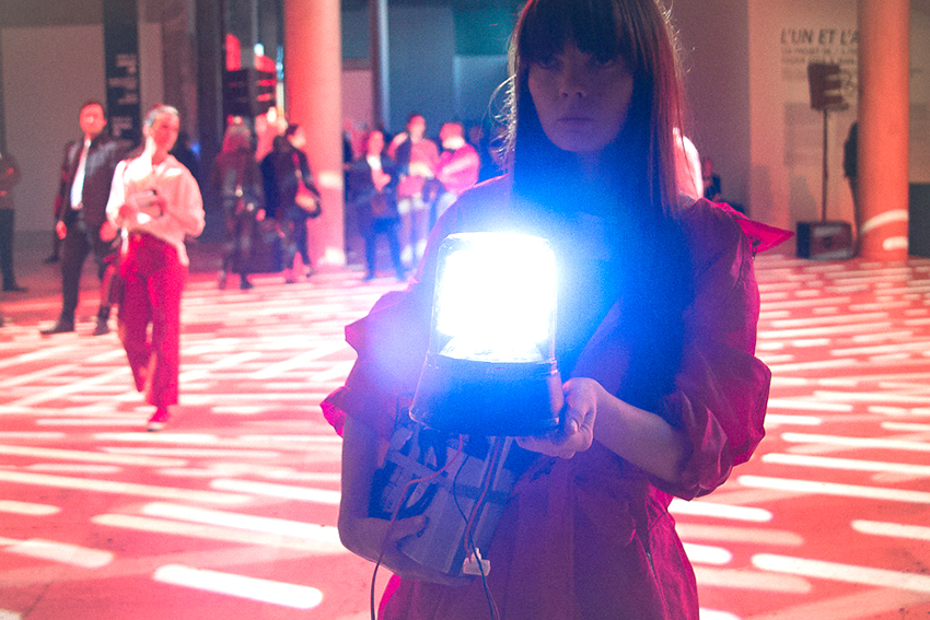 To Hear With Eyes, re-enactment of the performance Augenmusik, Palais de Tokyo, Paris 2018.  Image: Arnaud Leclercq; performer: Oksana Shachko (1987 – 2018), co-founder of FEMEN 