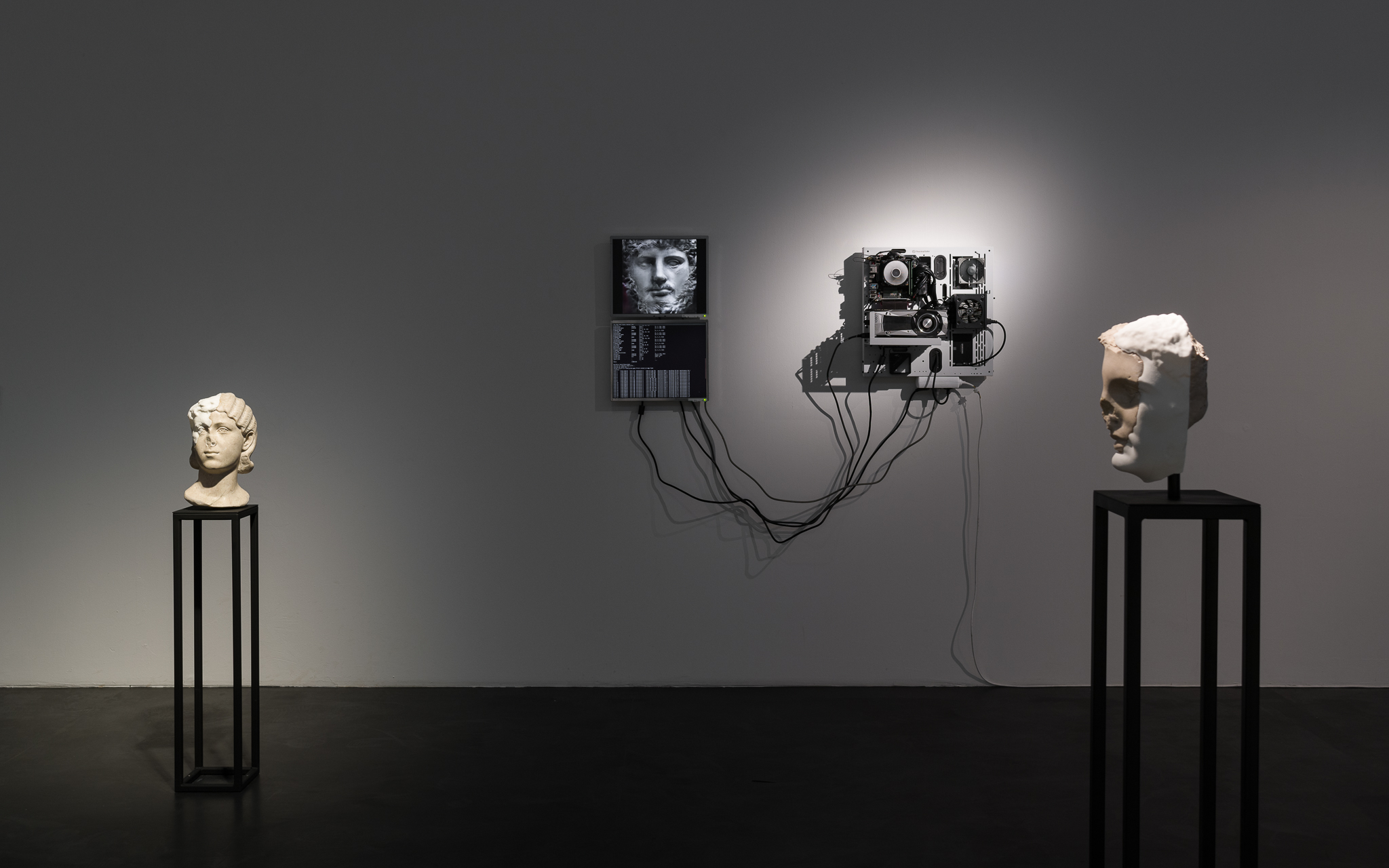 Content Aware Studies series. For this project, Kraft used AI to reconstruct missing pieces of classical sculptures. Installation view. Alexander Levy gallery, Berlin, Germany. Machine learning assistance: Artem Konevskikh