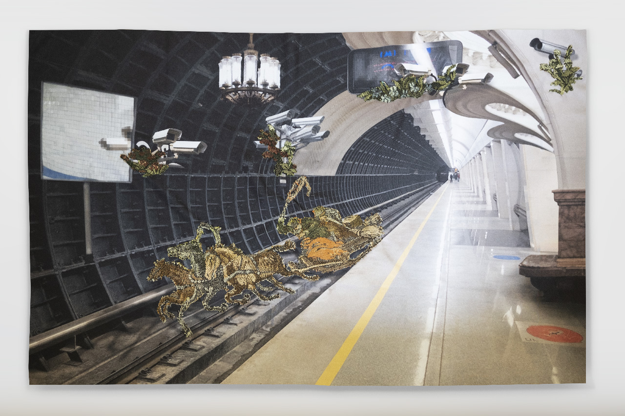 Attention, Very High Speed, 2021. The textile collage shows the urban reality artificially constructed by the authorities
