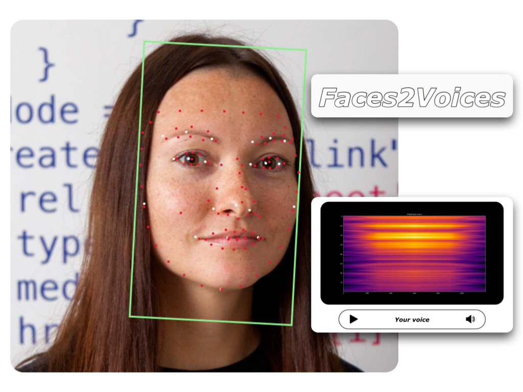 Faces2Voices, 2020. With Nikita Prudnikov. This online interactive installation uses facial recognition and AI-synthesised sound to create a generative music composition based on imaginary voices of online visitors