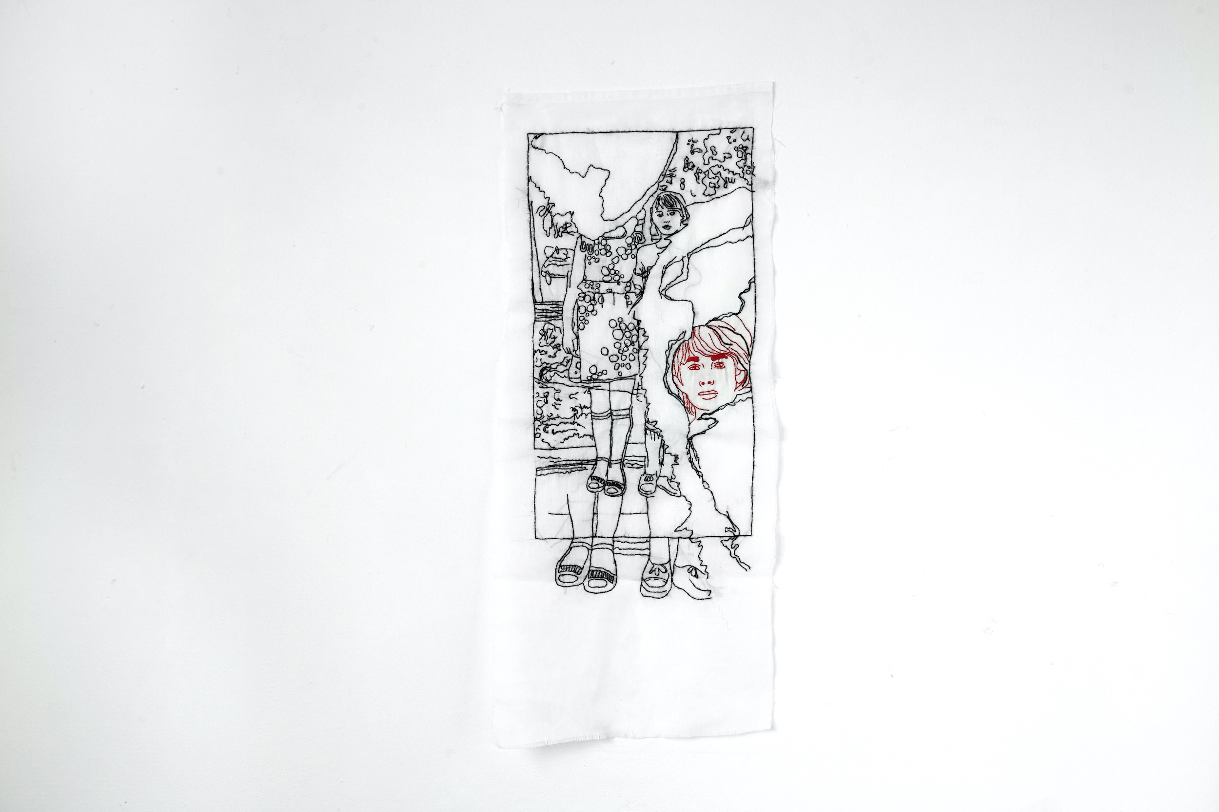 ATTENTION! THE PLAYGROUND IS IN A DANGEROUS CONDITION, 2019. Through embroidering stills from a family video archive, Zolotykh is able to convert brief emotional responses into long hours of manual labour