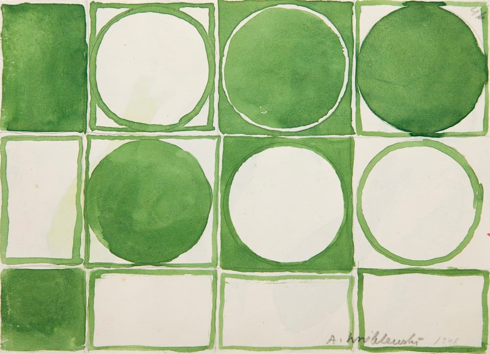 [Abstract Composition in Green, Abstract Composition no.46], Undated Watercolour on paper, 16.3 × 22.7 cm. Collection of Grażyna Kulczyk. © Andrzej Wróblewski Foundation