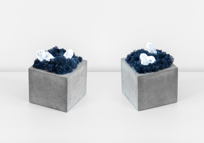 Brutalism meets fairytale chic with these lamps made from moss, crystals, and concrete