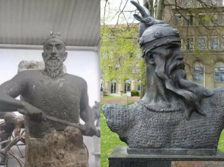 The statue of Skanderbeg as posted by the Albanian ambassador in Hungary (left) and a bust of Skanderbeg located in Geneva, Switzerland (right). Image: Balkan Insight / Twitter