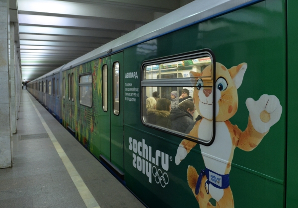 Moscow Metro train featuring one of the mascots of the 2014 Winter Olympics. Photograph: RIA Novosti