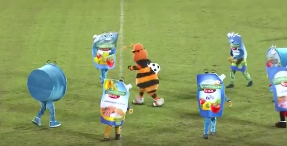 Halftime: mayonnaise mascots in rousing Russian football performance