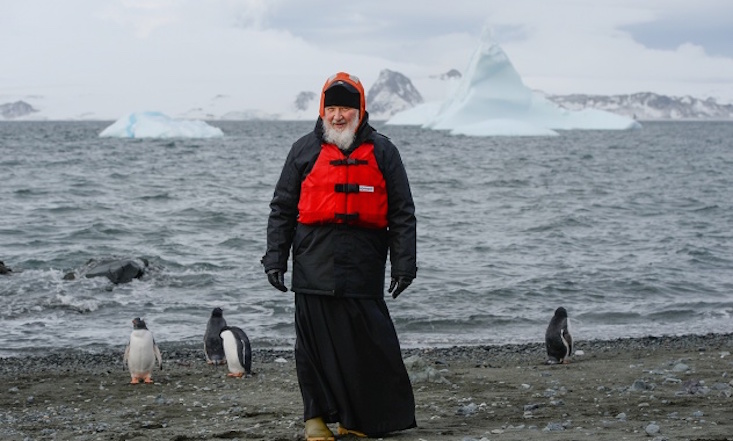 Head of Russian Orthodox Church visits penguins in Antarctica